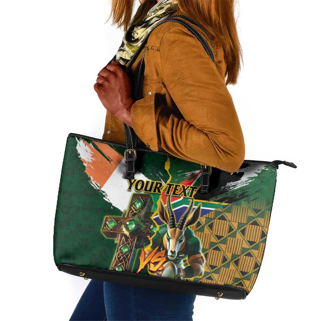 Personalized South Africa Versus Ireland Rugby Leather Tote Bag - Springbok Mascot, Celtic Cross Design