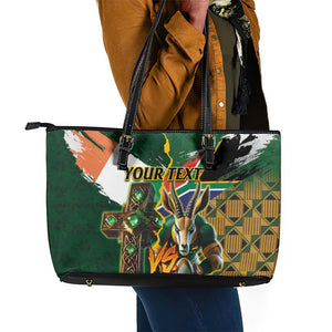 Personalized South Africa Versus Ireland Rugby Leather Tote Bag - Springbok Mascot, Celtic Cross Design