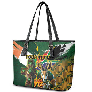 Personalized South Africa Versus Ireland Rugby Leather Tote Bag - Springbok Mascot, Celtic Cross Design