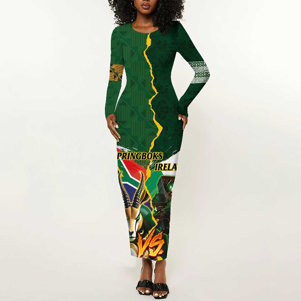 Personalized South Africa Versus Ireland Rugby Long Sleeve Bodycon Dress - Springbok Mascot, Celtic Cross Design