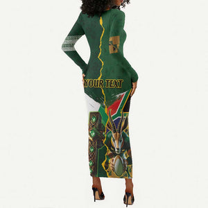 Personalized South Africa Versus Ireland Rugby Long Sleeve Bodycon Dress - Springbok Mascot, Celtic Cross Design