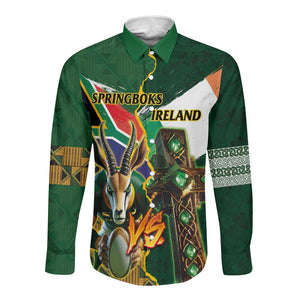 Personalized South Africa Versus Ireland Rugby Long Sleeve Button Shirt - Springbok Mascot, Celtic Cross Design