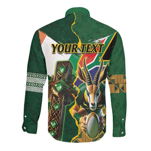 Personalized South Africa Versus Ireland Rugby Long Sleeve Button Shirt - Springbok Mascot, Celtic Cross Design