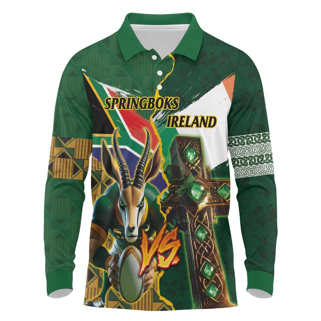 Personalized South Africa Versus Ireland Rugby Long Sleeve Polo Shirt - Springbok Mascot, Celtic Cross Design