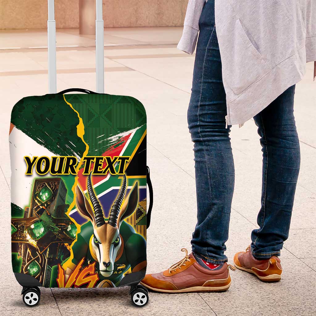 Personalized South Africa Versus Ireland Rugby Luggage Cover - Springbok Mascot, Celtic Cross Design