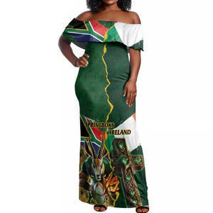 Personalized South Africa Versus Ireland Rugby Off Shoulder Maxi Dress - Springbok Mascot, Celtic Cross Design