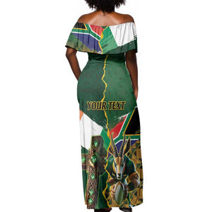 Personalized South Africa Versus Ireland Rugby Off Shoulder Maxi Dress - Springbok Mascot, Celtic Cross Design