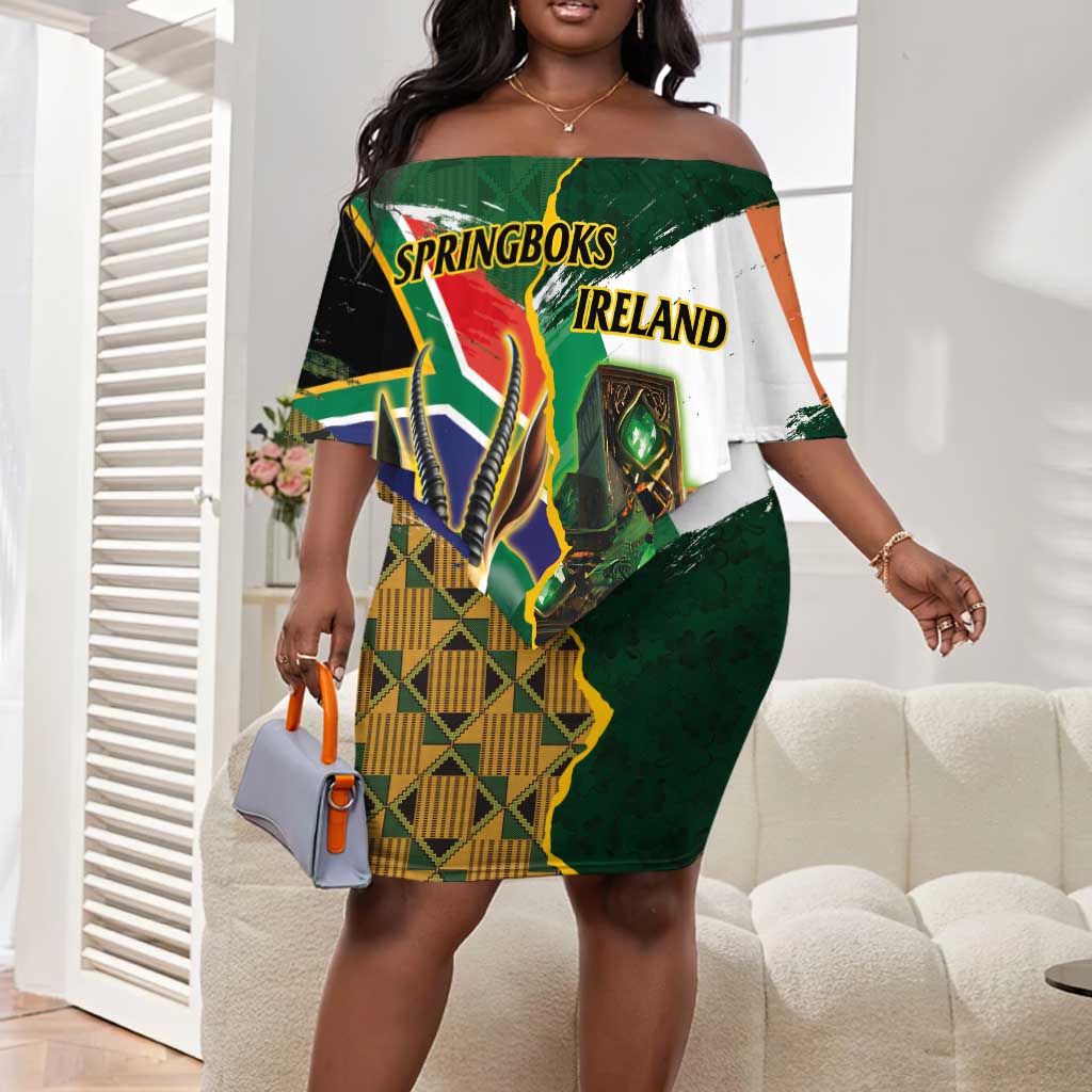 Personalized South Africa Versus Ireland Rugby Off Shoulder Short Dress - Springbok Mascot, Celtic Cross Design