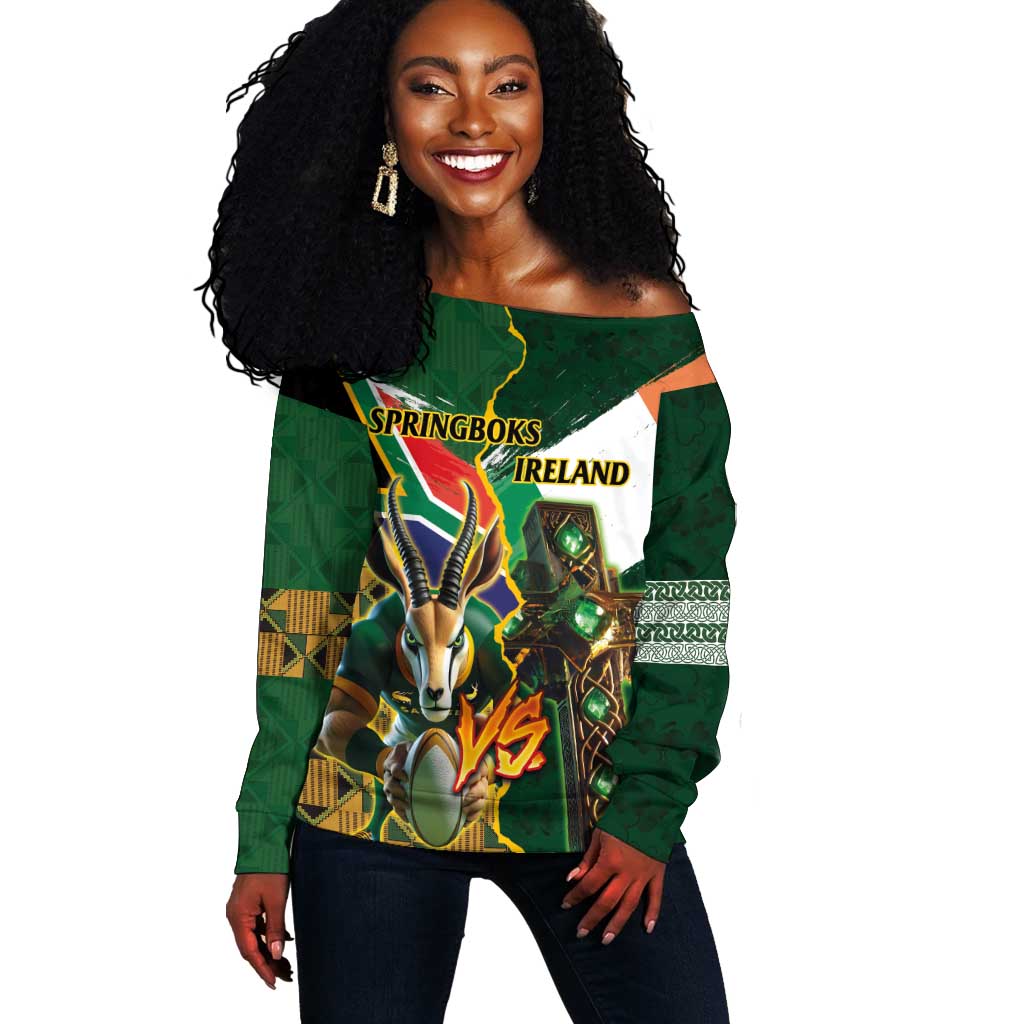 Personalized South Africa Versus Ireland Rugby Off Shoulder Sweater - Springbok Mascot, Celtic Cross Design