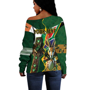 Personalized South Africa Versus Ireland Rugby Off Shoulder Sweater - Springbok Mascot, Celtic Cross Design