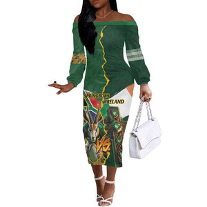 Personalized South Africa Versus Ireland Rugby Off The Shoulder Long Sleeve Dress - Springbok Mascot, Celtic Cross Design