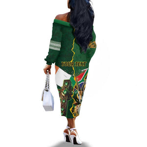 Personalized South Africa Versus Ireland Rugby Off The Shoulder Long Sleeve Dress - Springbok Mascot, Celtic Cross Design