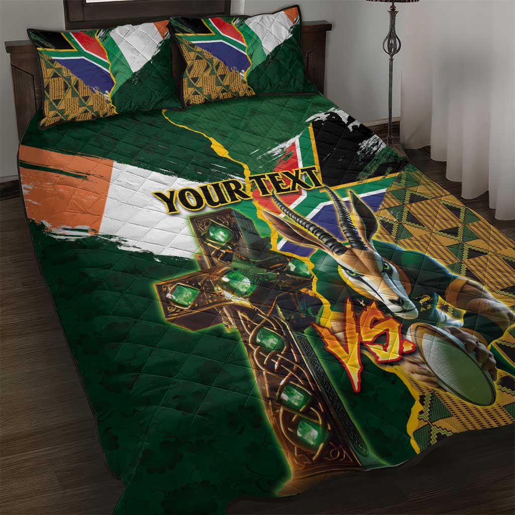 Personalized South Africa Versus Ireland Rugby Quilt Bed Set - Springbok Mascot, Celtic Cross Design