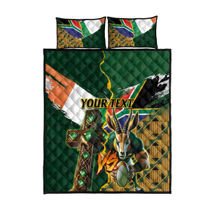 Personalized South Africa Versus Ireland Rugby Quilt Bed Set - Springbok Mascot, Celtic Cross Design