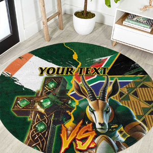 Personalized South Africa Versus Ireland Rugby Round Carpet - Springbok Mascot, Celtic Cross Design