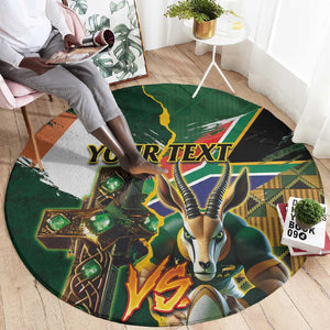 Personalized South Africa Versus Ireland Rugby Round Carpet - Springbok Mascot, Celtic Cross Design