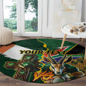 Personalized South Africa Versus Ireland Rugby Round Carpet - Springbok Mascot, Celtic Cross Design