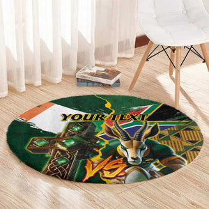 Personalized South Africa Versus Ireland Rugby Round Carpet - Springbok Mascot, Celtic Cross Design