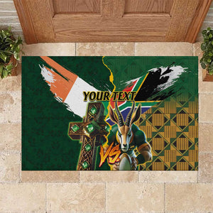 Personalized South Africa Versus Ireland Rugby Rubber Doormat - Springbok Mascot, Celtic Cross Design