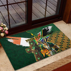 Personalized South Africa Versus Ireland Rugby Rubber Doormat - Springbok Mascot, Celtic Cross Design