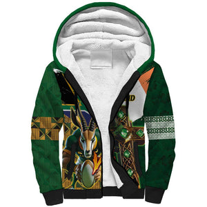 Personalized South Africa Versus Ireland Rugby Sherpa Hoodie - Springbok Mascot, Celtic Cross Design