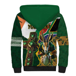 Personalized South Africa Versus Ireland Rugby Sherpa Hoodie - Springbok Mascot, Celtic Cross Design