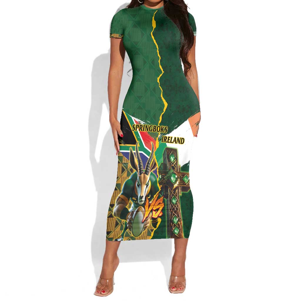 Personalized South Africa Versus Ireland Rugby Short Sleeve Bodycon Dress - Springbok Mascot, Celtic Cross Design LT03