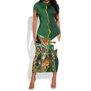 Personalized South Africa Versus Ireland Rugby Short Sleeve Bodycon Dress - Springbok Mascot, Celtic Cross Design