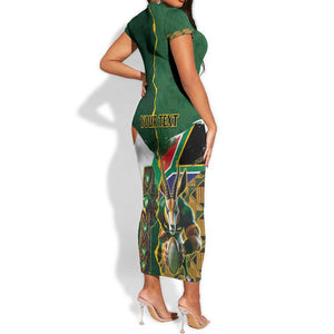 Personalized South Africa Versus Ireland Rugby Short Sleeve Bodycon Dress - Springbok Mascot, Celtic Cross Design