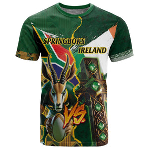 Personalized South Africa Versus Ireland Rugby T shirt - Springbok Mascot, Celtic Cross Design