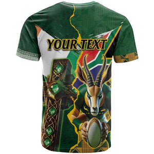 Personalized South Africa Versus Ireland Rugby T shirt - Springbok Mascot, Celtic Cross Design