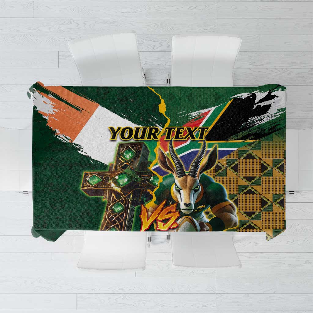 Personalized South Africa Versus Ireland Rugby Tablecloth - Springbok Mascot, Celtic Cross Design