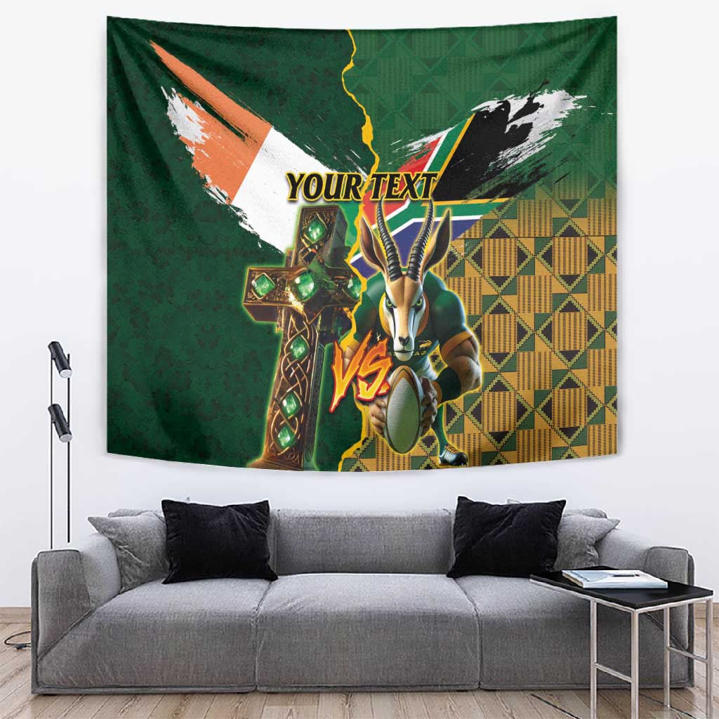 Personalized South Africa Versus Ireland Rugby Tapestry - Springbok Mascot, Celtic Cross Design