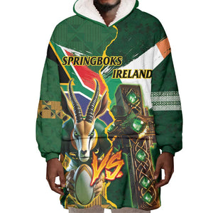 Personalized South Africa Versus Ireland Rugby Wearable Blanket Hoodie - Springbok Mascot, Celtic Cross Design