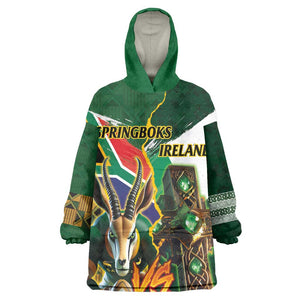 Personalized South Africa Versus Ireland Rugby Wearable Blanket Hoodie - Springbok Mascot, Celtic Cross Design