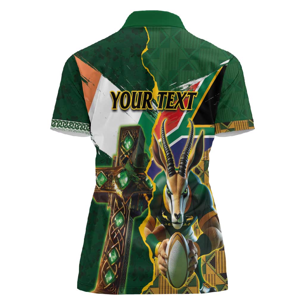 Personalized South Africa Versus Ireland Rugby Women Polo Shirt - Springbok Mascot, Celtic Cross Design