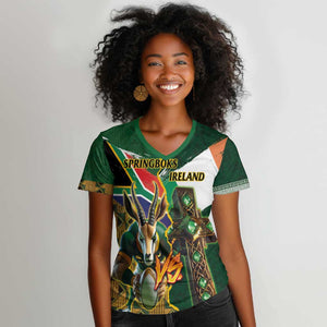 Personalized South Africa Versus Ireland Rugby Women V-Neck T-Shirt - Springbok Mascot, Celtic Cross Design