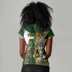 Personalized South Africa Versus Ireland Rugby Women V-Neck T-Shirt - Springbok Mascot, Celtic Cross Design