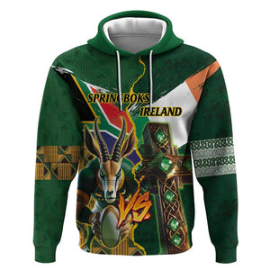 Personalized South Africa Versus Ireland Rugby Zip Hoodie - Springbok Mascot, Celtic Cross Design