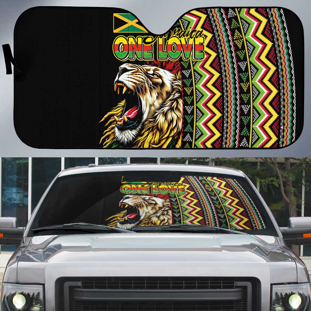 Jamaican Reggae-One Love Auto Sun Shade Tribal African Pattern and Roaring Lion - African Pride