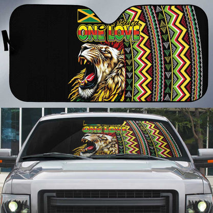 Jamaican Reggae-One Love Auto Sun Shade Tribal African Pattern and Roaring Lion - African Pride