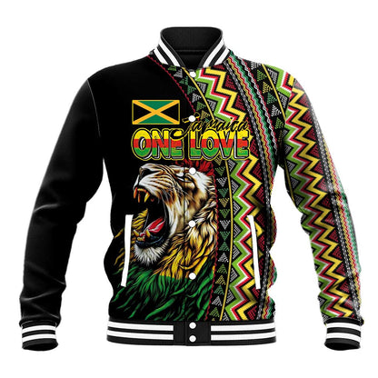 Personalized Jamaican Reggae-One Love Baseball Jacket Tribal African Pattern and Roaring Lion - African Pride