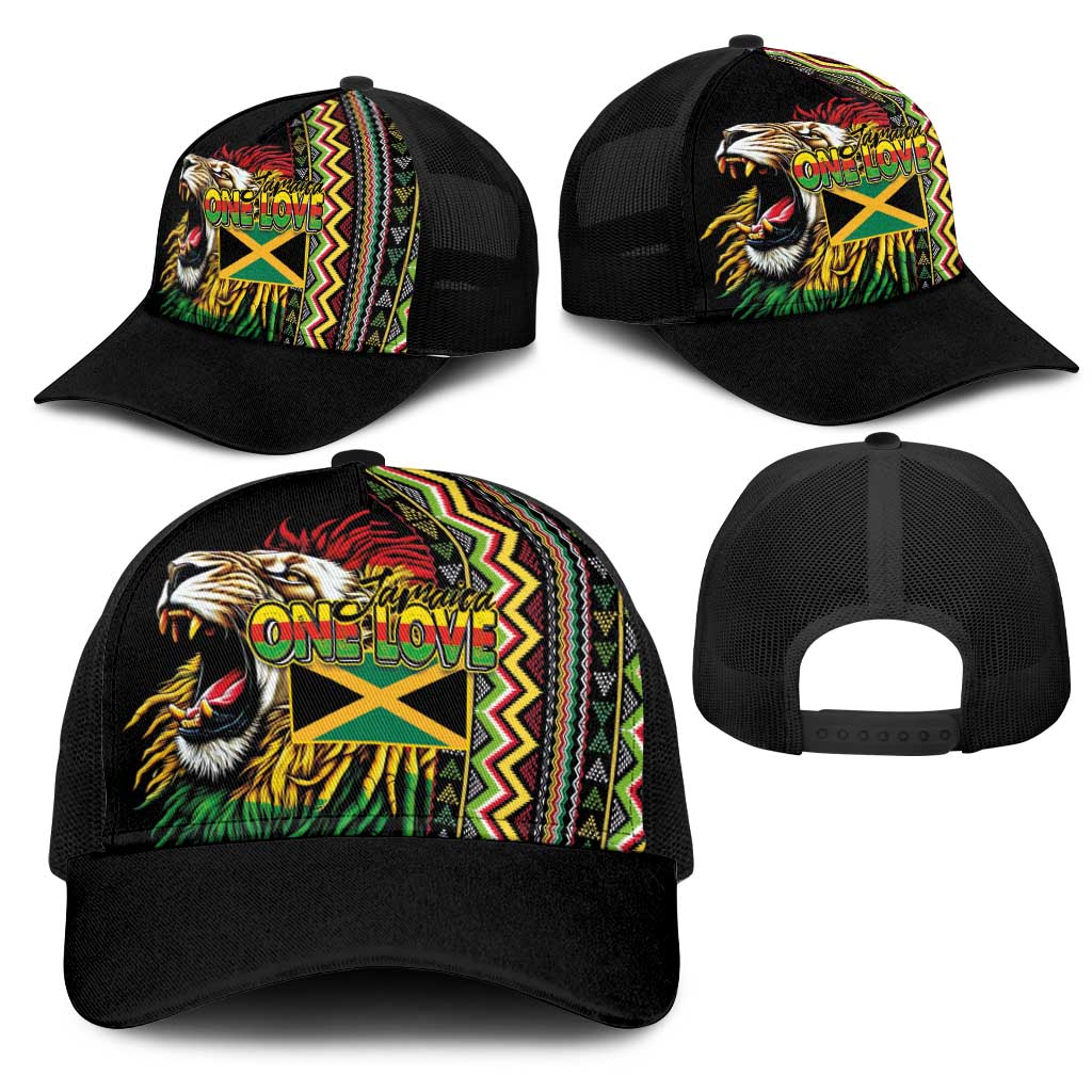 Jamaican Reggae-One Love Baseball Net Cap Tribal African Pattern and Roaring Lion - African Pride