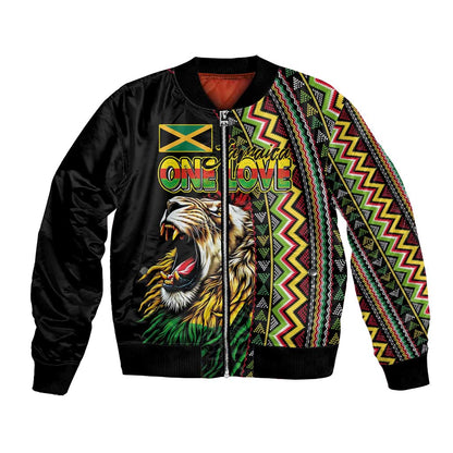 Personalized Jamaican Reggae-One Love Bomber Jacket Tribal African Pattern and Roaring Lion - African Pride