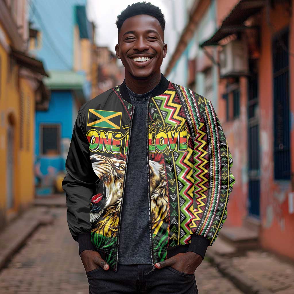 Personalized Jamaican Reggae-One Love Bomber Jacket Tribal African Pattern and Roaring Lion - African Pride