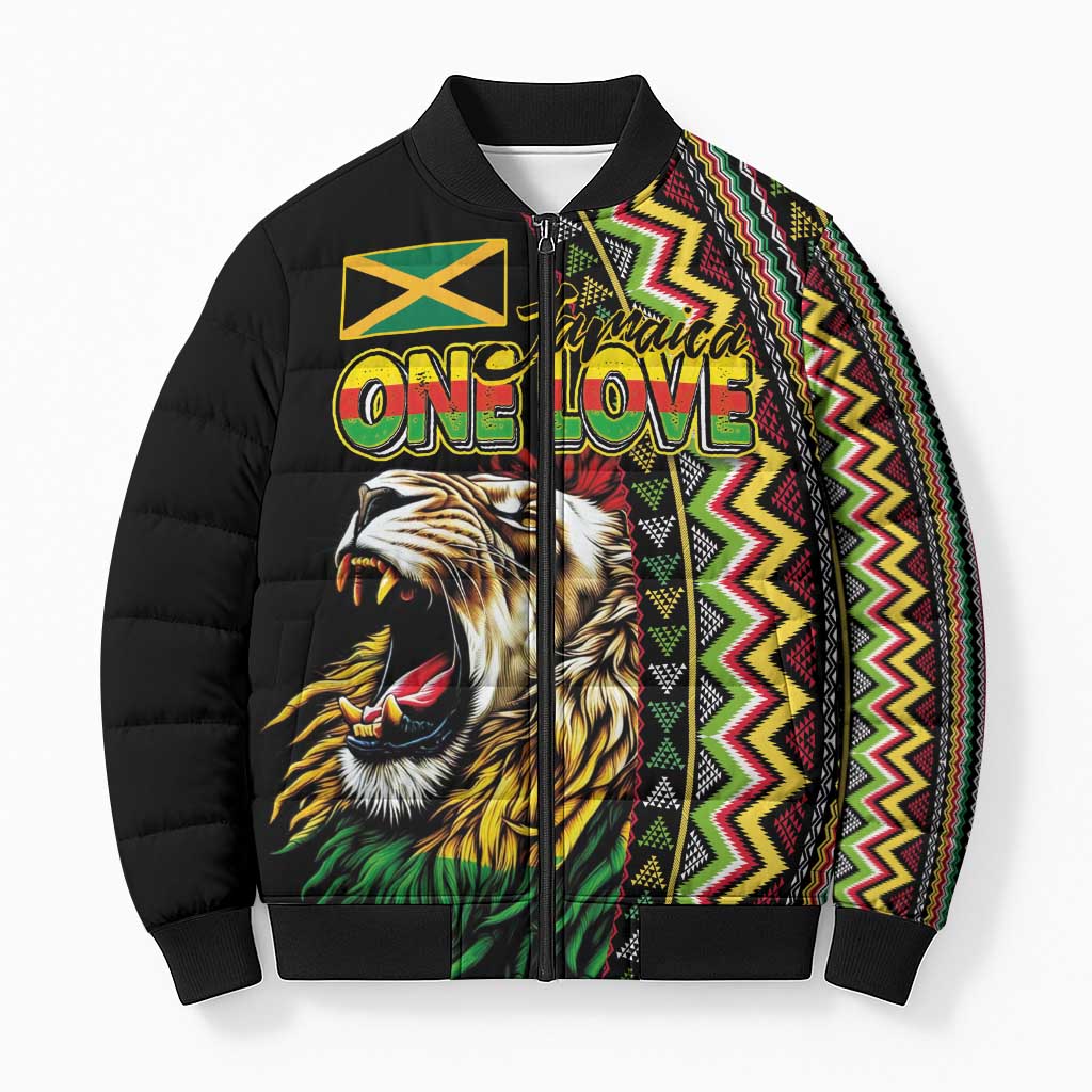 Personalized Jamaican Reggae-One Love Bomber Puffer Jacket Tribal African Pattern and Roaring Lion - African Pride
