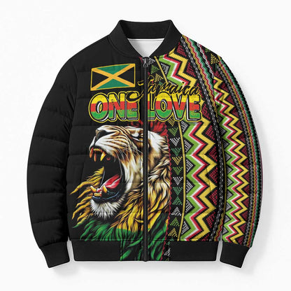 Personalized Jamaican Reggae-One Love Bomber Puffer Jacket Tribal African Pattern and Roaring Lion - African Pride