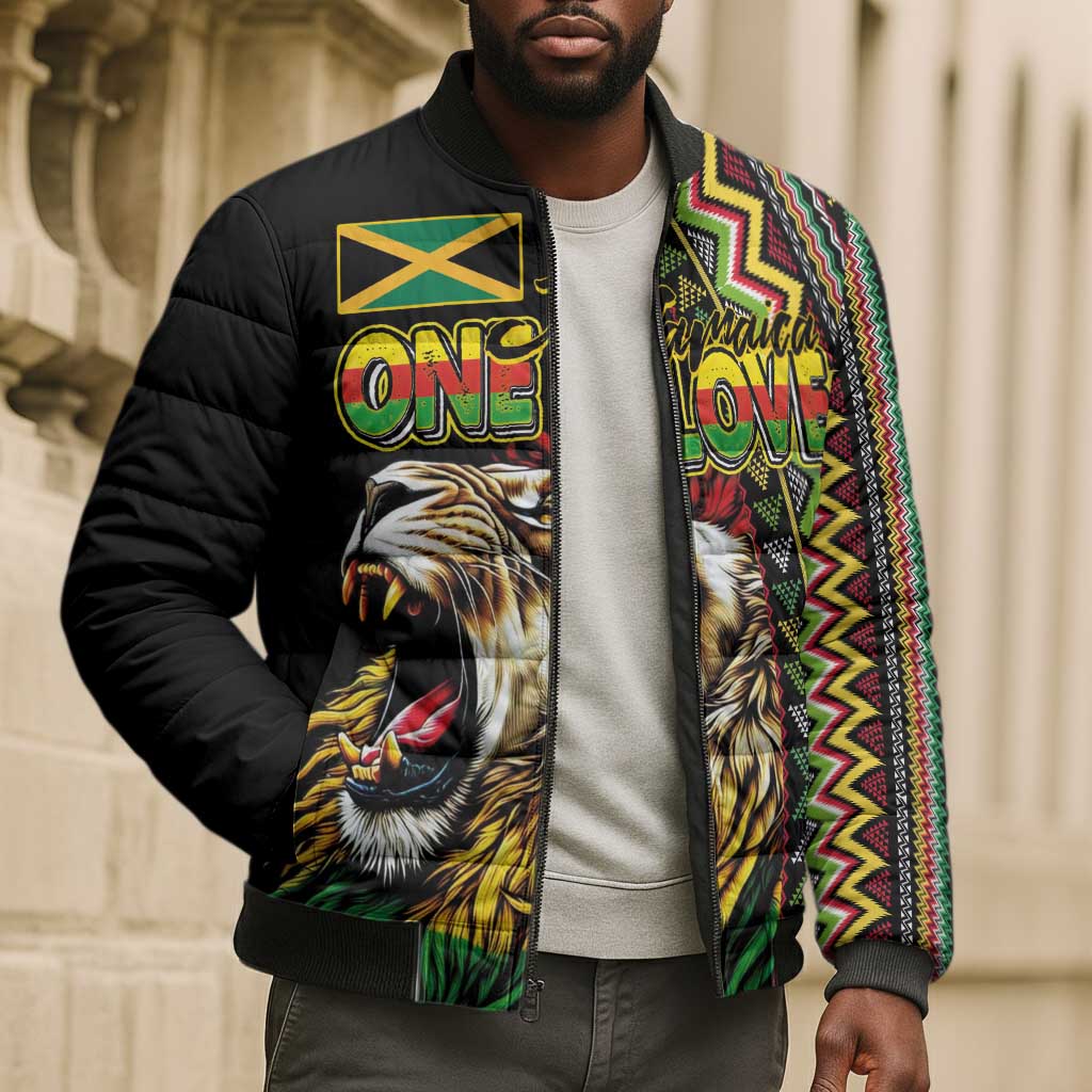 Personalized Jamaican Reggae-One Love Bomber Puffer Jacket Tribal African Pattern and Roaring Lion - African Pride