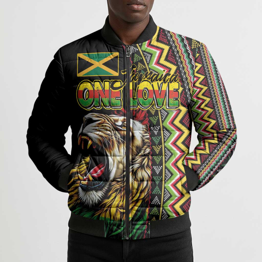 Personalized Jamaican Reggae-One Love Bomber Puffer Jacket Tribal African Pattern and Roaring Lion - African Pride