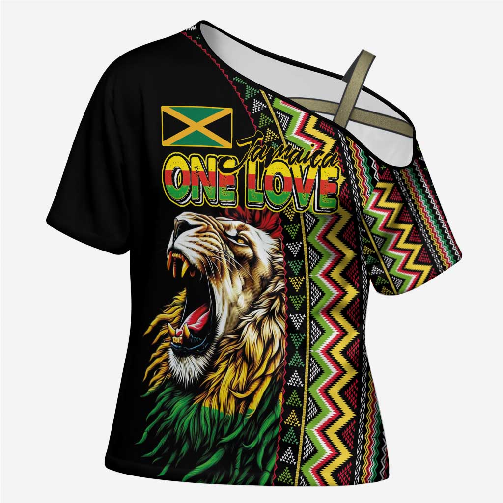 Personalized Jamaican Reggae-One Love Cross Shoulder Shirt Tribal African Pattern and Roaring Lion - African Pride